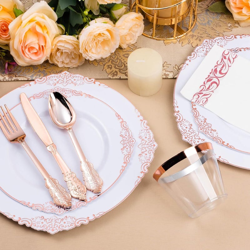 Bestluck 350PCS Rose Gold Plastic Plates for 50 Guests, Disposable Plates with Rose Gold Trim include 100 Dinner Plates, 150 Rose Gold Silverware, 50 Cups, 50 Napkins for Wedding Party - Image 3