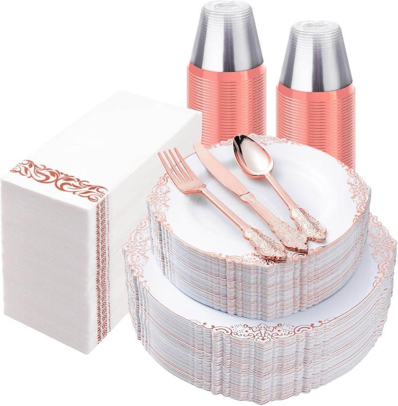 Bestluck 350PCS Rose Gold Plastic Plates for 50 Guests, Disposable Plates with Rose Gold Trim include 100 Dinner Plates, 150 Rose Gold Silverware, 50 Cups, 50 Napkins for Wedding Party - Image 1