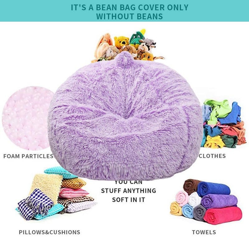 Kisoy Fluffy Stuffed Animal Storage Bean Bag Chair Cover (No Filler), Faux Fur Comfy Bean Bag Cover for Organizing Plush Toys or Textile, for Adults Teens Kids Girls, Lavender - Image 3