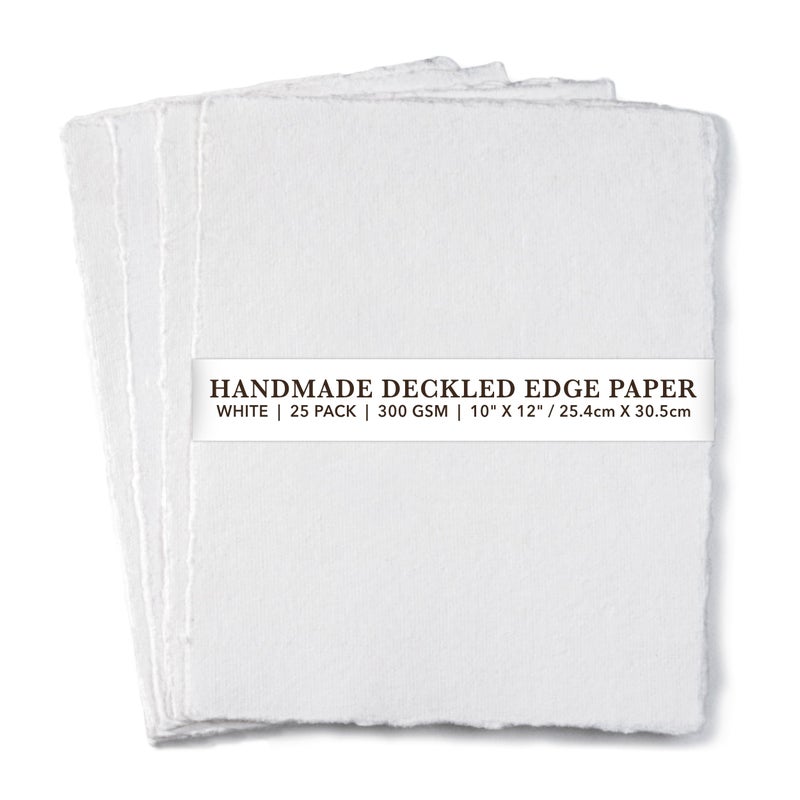 Wanderings Handmade White Deckle Edge Blank Paper - 10x12â€ - Recycled - Pack of 25 - Watercolour/Mixed Media Paper - Artwork Posters Signs Menus Invitations - Extra Thick 300 GSM - Large - Image 1