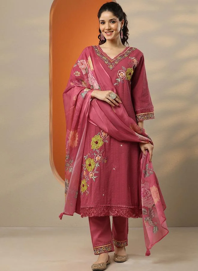 Libas Pink Embroidered Cotton Straight Kurta, Trousers and Dupatta Set