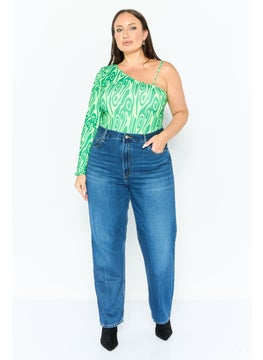 PUBLIC DESIRE Women Curvy Fit Asymmetrical Neck Abstract Print Bodysuit, Green  - Image 2