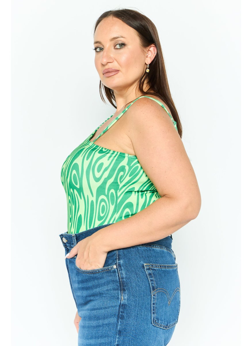 PUBLIC DESIRE Women Curvy Fit Asymmetrical Neck Abstract Print Bodysuit, Green  - Image 3