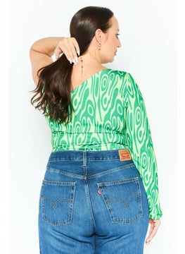PUBLIC DESIRE Women Curvy Fit Asymmetrical Neck Abstract Print Bodysuit, Green  - Image 4
