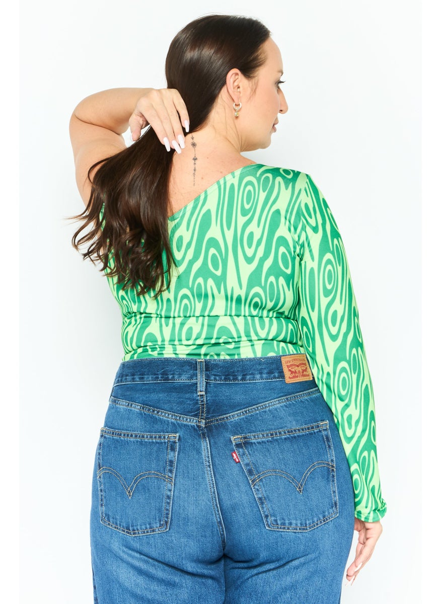 PUBLIC DESIRE Women Curvy Fit Asymmetrical Neck Abstract Print Bodysuit, Green  - Image 4