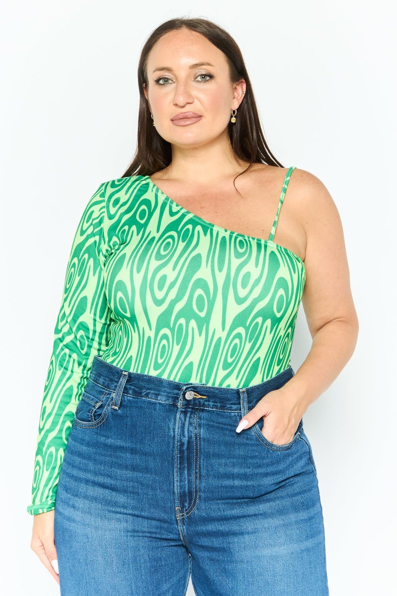 PUBLIC DESIRE Women Curvy Fit Asymmetrical Neck Abstract Print Bodysuit, Multicolor - Image 1