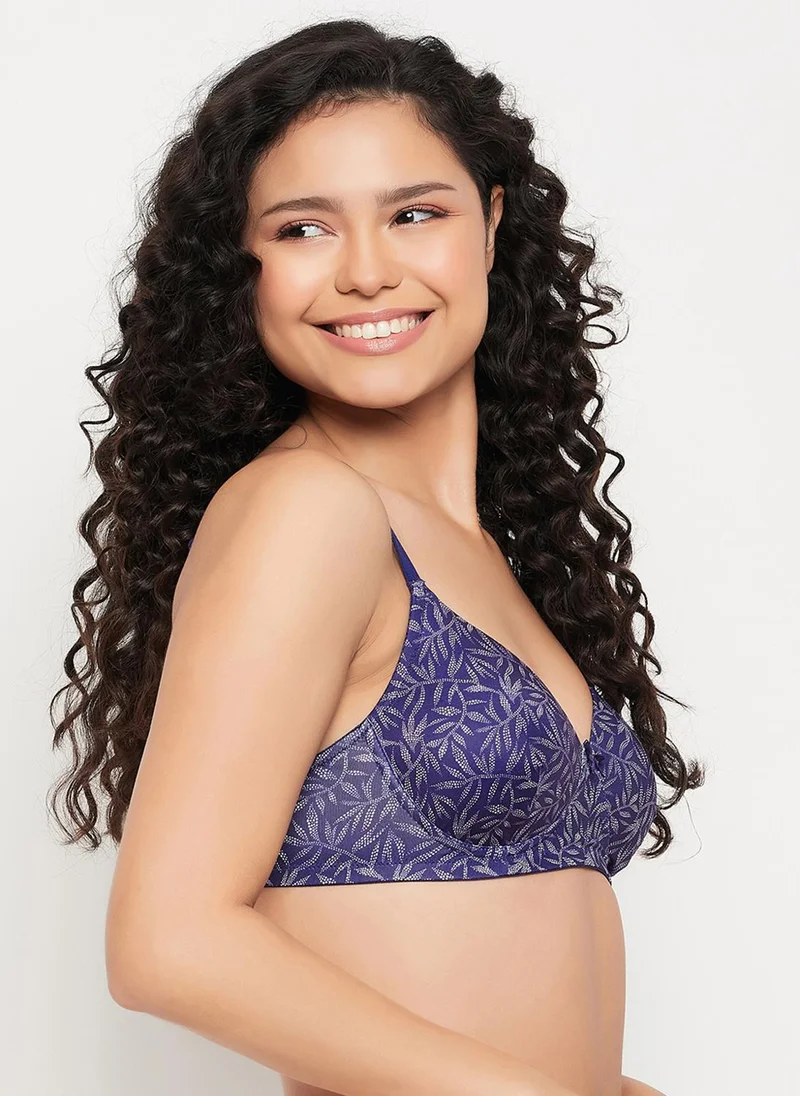 Clovia Blue Clovia Padded Non-Wired Full Cup Leaf Print T-shirt Bra in Navy for Women | Best Price UAE