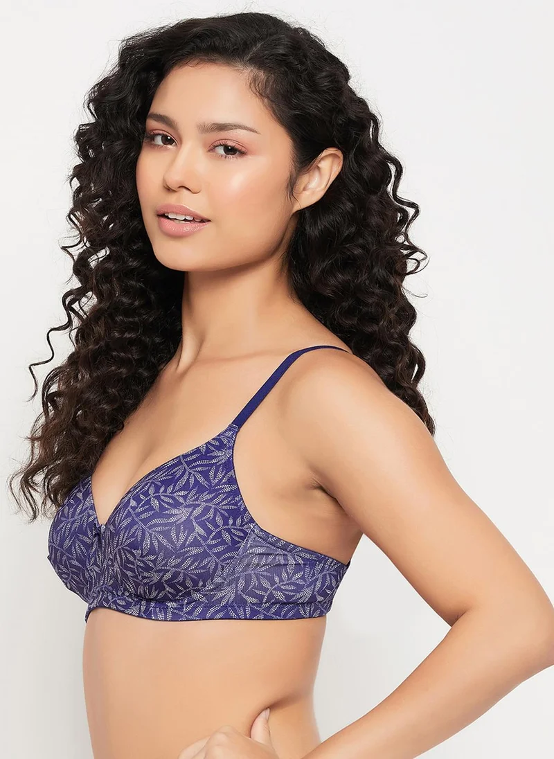 Clovia Clovia Padded Non-Wired Full Cup Leaf Print T-shirt Bra in Navy