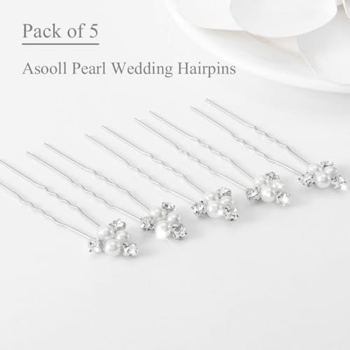 Asooll Pearl Rhinestone Hair Pins Silver Decorative Hair Pieces Crystal Bridal Wedding Hair Accessories for Women(Pack of 5) - Image 2
