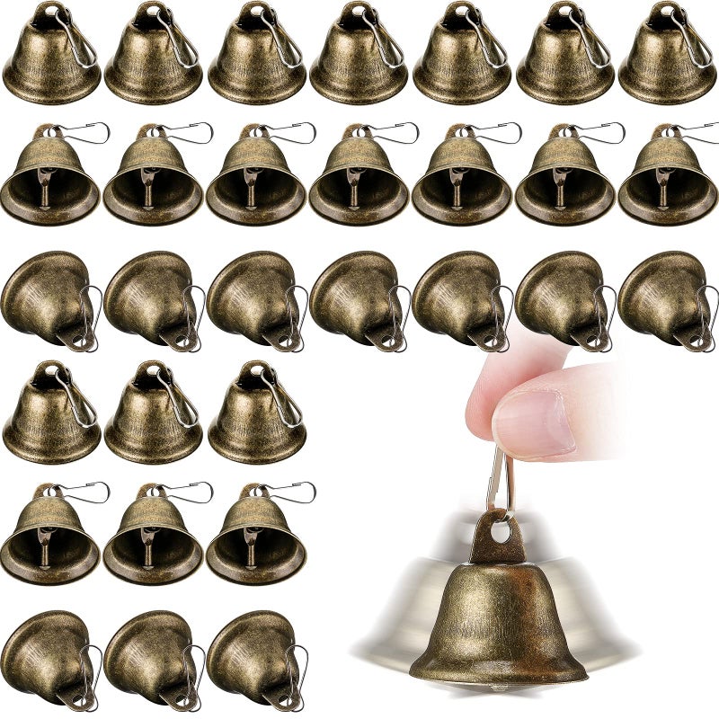 Gejoy 30 Pieces Craft Small Brass Bells for Crafts Mini Vintage Bells with Spring Hooks Tiny for Hanging Wind Chimes Making Dog Training Doorbell Wedding Decor, 1.65 x 1.5 Inch (Bronze) - Image 1