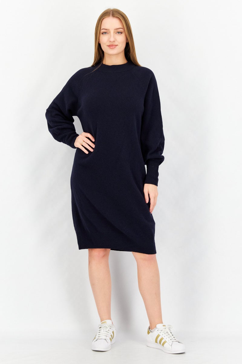 NAH/ Studio Women Round Neck Plain Sweaters Dress, Navy Blue - Image 1