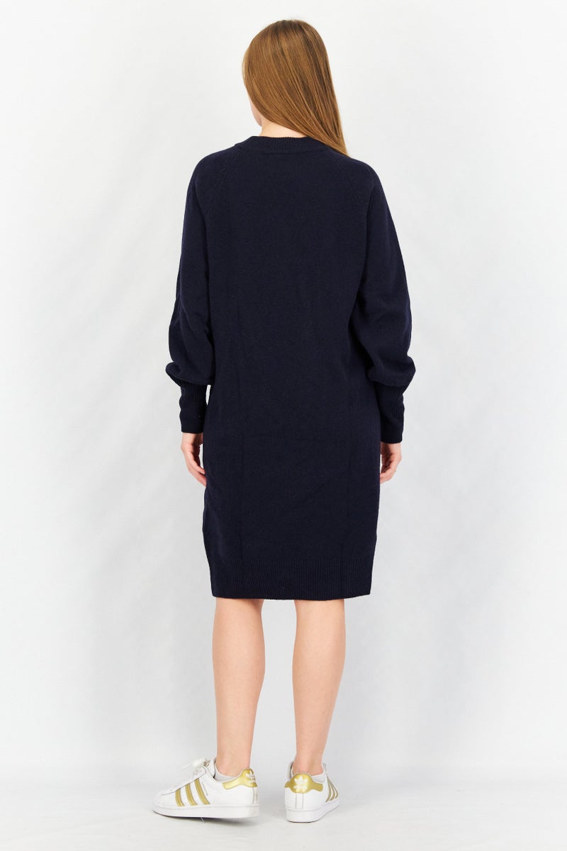 NAH/ Studio Women Round Neck Plain Sweaters Dress, Navy Blue - Image 2