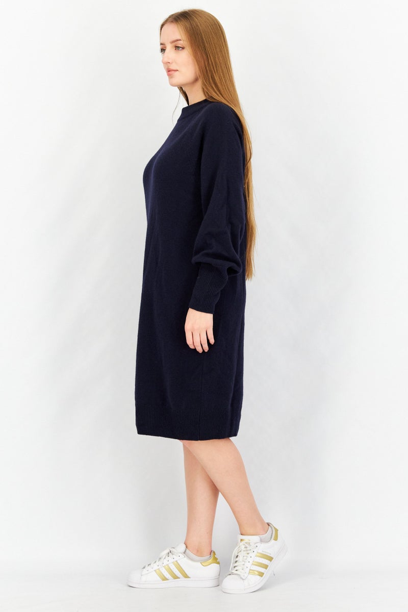 NAH/ Studio Women Round Neck Plain Sweaters Dress, Navy Blue - Image 3