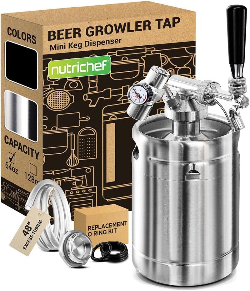 NutriChef Pressurized Growler Tap System, 64oz Stainless Steel Mini Keg Dispenser Portable Kegerator Kit, Co2 Pressure Regulator Keeps Carbonation for Craft Beer, Draft and Homebrew - Image 1