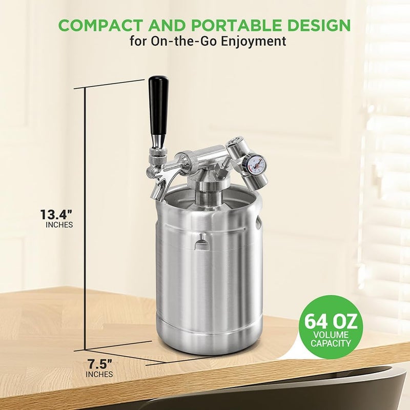 NutriChef Pressurized Growler Tap System, 64oz Stainless Steel Mini Keg Dispenser Portable Kegerator Kit, Co2 Pressure Regulator Keeps Carbonation for Craft Beer, Draft and Homebrew - Image 2