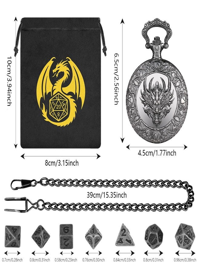 Keller & Weber Mini DND Dice Set, with Steampunk Dragon Head Pocket Watch Shell Case, 7-Piece Polyhedral Metal D&D Dice, DND Gift Bag with Dragon Logo, MTG, Role Play Board Game Accessories, Dark Silver - Image 4
