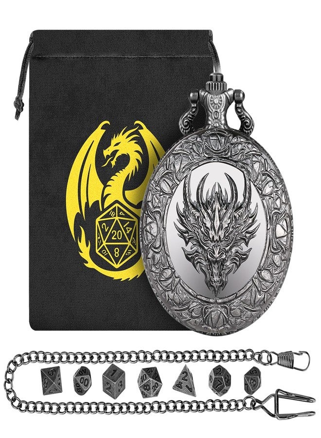 Keller & Weber Mini DND Dice Set, with Steampunk Dragon Head Pocket Watch Shell Case, 7-Piece Polyhedral Metal D&D Dice, DND Gift Bag with Dragon Logo, MTG, Role Play Board Game Accessories, Dark Silver - Image 1