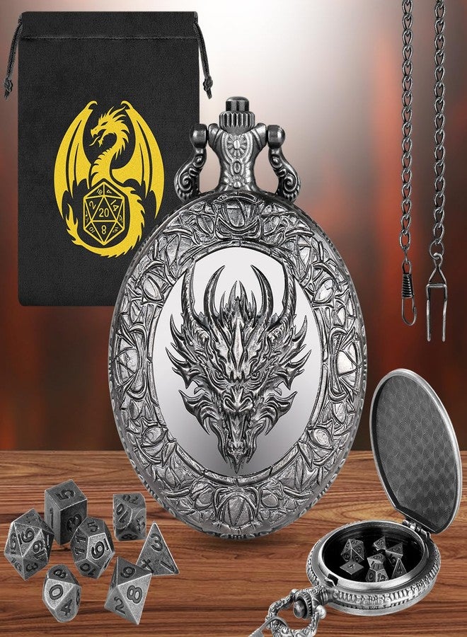 Keller & Weber Mini DND Dice Set, with Steampunk Dragon Head Pocket Watch Shell Case, 7-Piece Polyhedral Metal D&D Dice, DND Gift Bag with Dragon Logo, MTG, Role Play Board Game Accessories, Dark Silver - Image 3