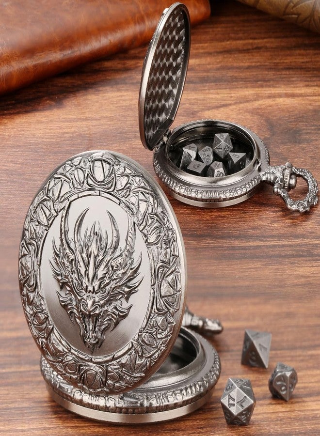 Keller & Weber Mini DND Dice Set, with Steampunk Dragon Head Pocket Watch Shell Case, 7-Piece Polyhedral Metal D&D Dice, DND Gift Bag with Dragon Logo, MTG, Role Play Board Game Accessories, Dark Silver - Image 5