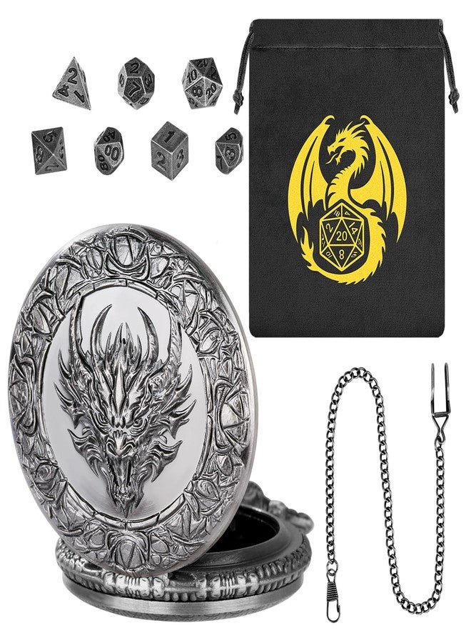 Keller & Weber Mini DND Dice Set, with Steampunk Dragon Head Pocket Watch Shell Case, 7-Piece Polyhedral Metal D&D Dice, DND Gift Bag with Dragon Logo, MTG, Role Play Board Game Accessories, Dark Silver - Image 2