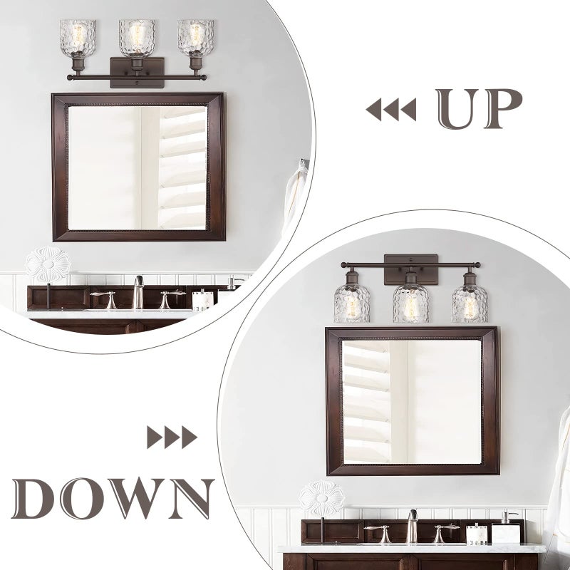 zeyu 3-Light Farmhouse Vanity Light Over Mirror, 21-inch Bathroom Light Fixtures with Hammered Glass Lampshade, Oil Rubbed Bronze Finish, ZJF63B-3W ORB - Image 5