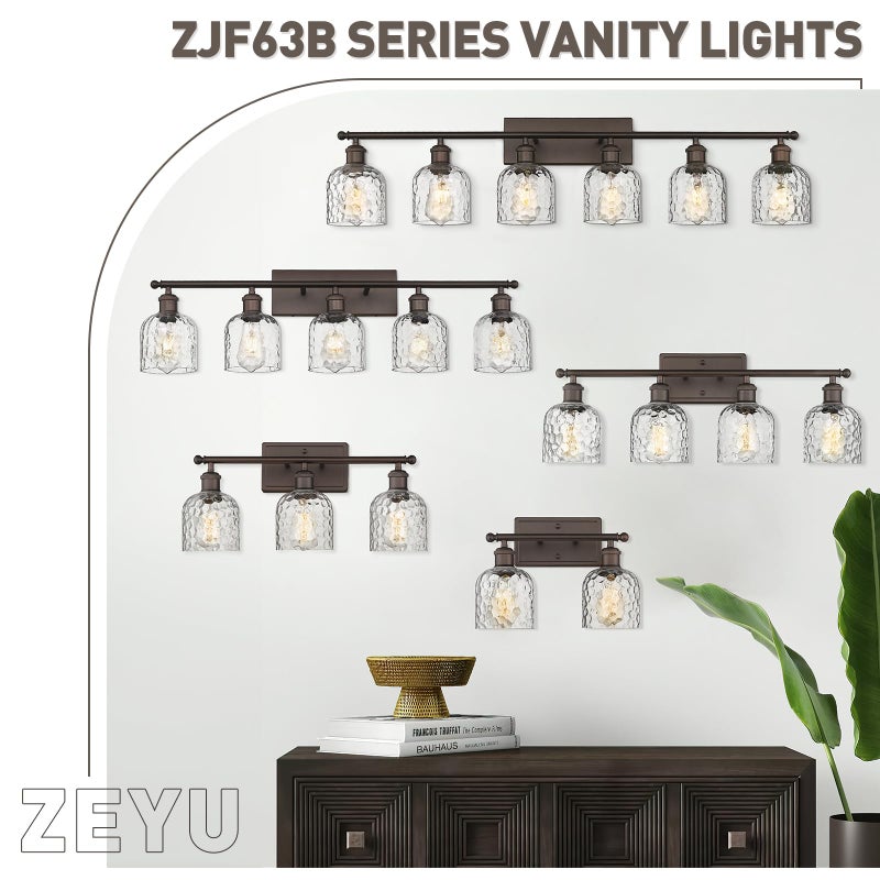 zeyu 3-Light Farmhouse Vanity Light Over Mirror, 21-inch Bathroom Light Fixtures with Hammered Glass Lampshade, Oil Rubbed Bronze Finish, ZJF63B-3W ORB - Image 2