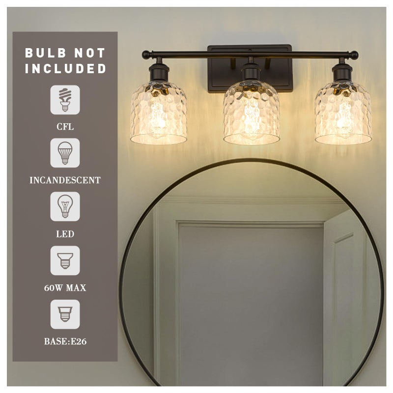 zeyu 3-Light Farmhouse Vanity Light Over Mirror, 21-inch Bathroom Light Fixtures with Hammered Glass Lampshade, Oil Rubbed Bronze Finish, ZJF63B-3W ORB - Image 4