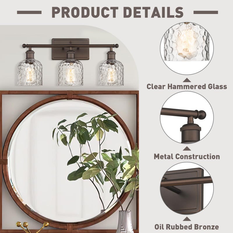 zeyu 3-Light Farmhouse Vanity Light Over Mirror, 21-inch Bathroom Light Fixtures with Hammered Glass Lampshade, Oil Rubbed Bronze Finish, ZJF63B-3W ORB - Image 3