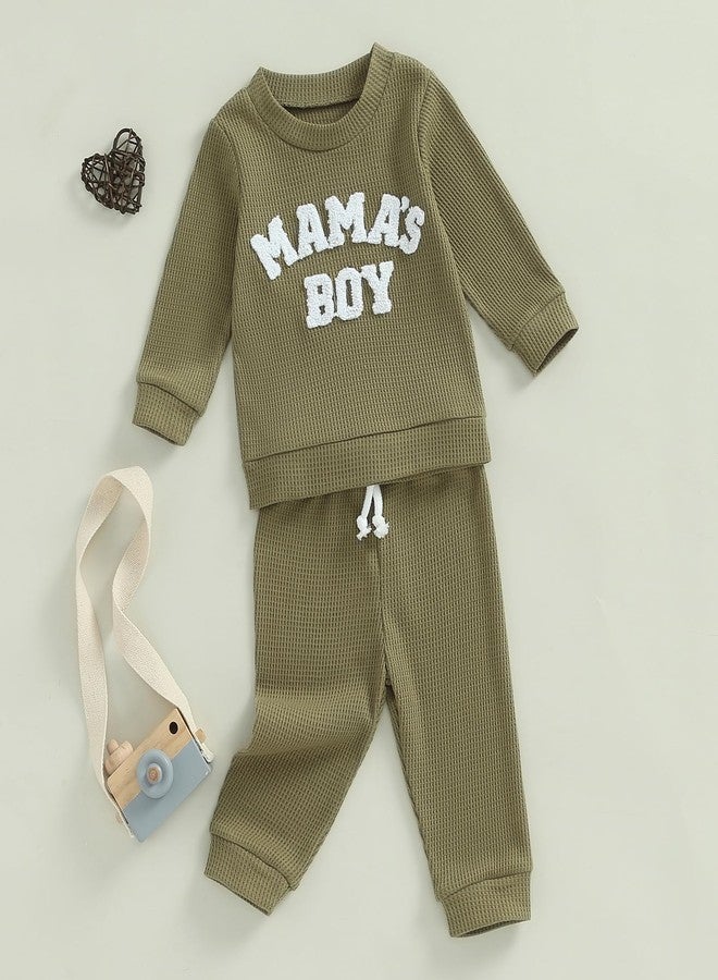 MERSARIPHY Toddler Baby Boy Clothes Waffle Knit Outfit Mama's Boy Little Dude Sweatshirt tops Pants Set Fall Winter Clothing(Green,0-6 Months) - Image 2