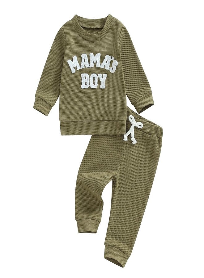MERSARIPHY Toddler Baby Boy Clothes Waffle Knit Outfit Mama's Boy Little Dude Sweatshirt tops Pants Set Fall Winter Clothing(Green,0-6 Months) - Image 1