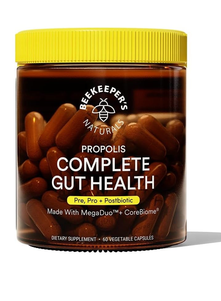 BEEKEEPER Complete Gut Health, 3-in-1 Prebiotic, Postbiotic, Probiotics for Digestive Health u0026 Bloating Relief for Women u0026 Men, Propolis Powered, Gluten-Free Vegan Capsules, 60ct - Image 1