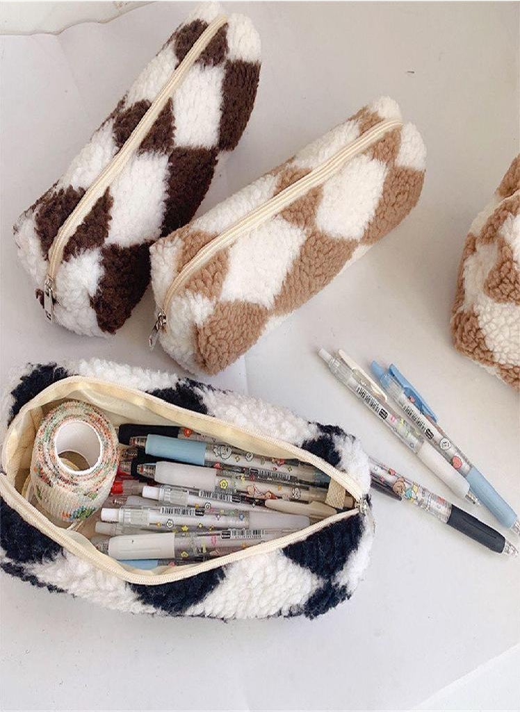 Eckek - Stationery Bag School Supplies Checkerboard Pencil Bag Cosmetic Bag Storage Box Plush Pencil Case - Image 1