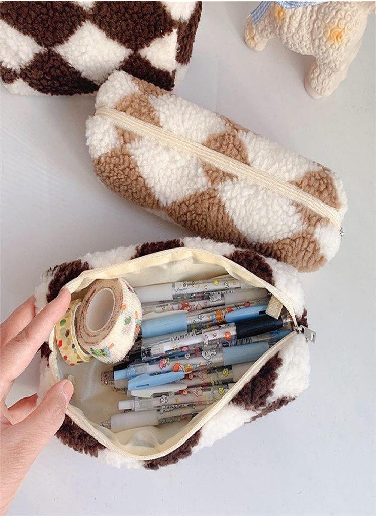 Eckek - Stationery Bag School Supplies Checkerboard Pencil Bag Cosmetic Bag Storage Box Plush Pencil Case - Image 1