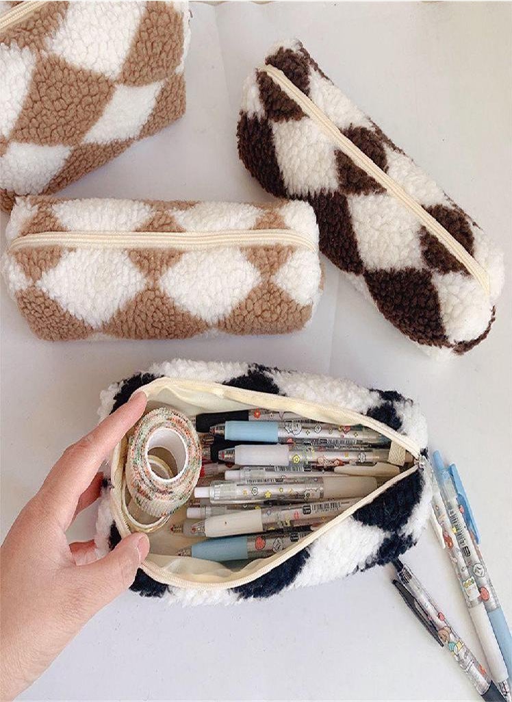 Eckek - Stationery Bag School Supplies Checkerboard Pencil Bag Cosmetic Bag Storage Box Plush Pencil Case - Image 1