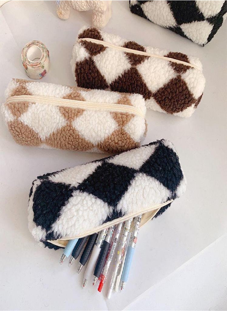 Eckek - Stationery Bag School Supplies Checkerboard Pencil Bag Cosmetic Bag Storage Box Plush Pencil Case - Image 1