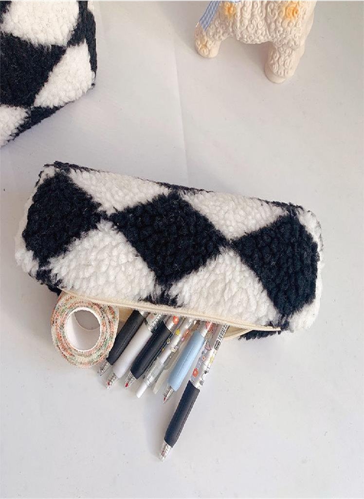 Eckek - Stationery Bag School Supplies Checkerboard Pencil Bag Cosmetic Bag Storage Box Plush Pencil Case - Image 1