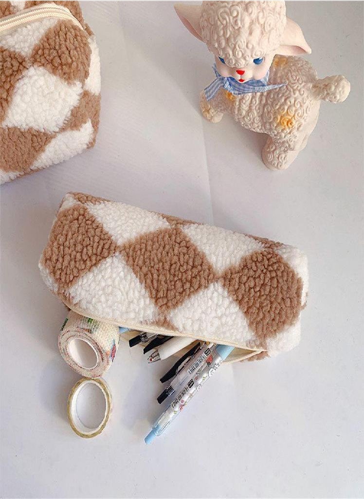 Eckek - Stationery Bag School Supplies Checkerboard Pencil Bag Cosmetic Bag Storage Box Plush Pencil Case - Image 1