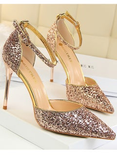 BIGTREE Women's Sequin Closed Pointed Toe 9.5 CM High Heels Ankle Strap Stiletto Pumps Champagne  - Image 2