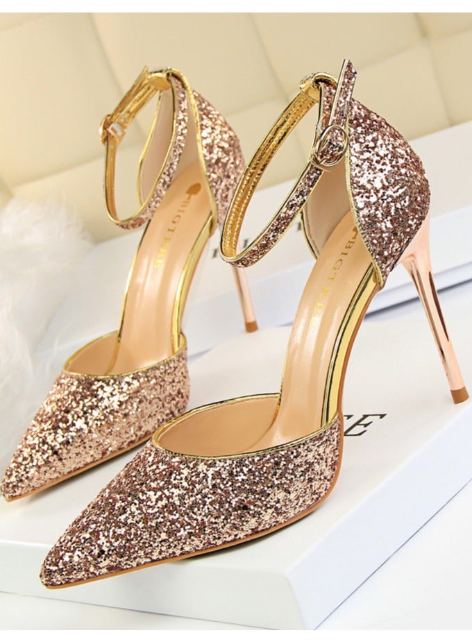 BIGTREE Women's Sequin Closed Pointed Toe 9.5 CM High Heels Ankle Strap Stiletto Pumps Champagne - Image 1
