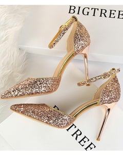BIGTREE Women's Sequin Closed Pointed Toe 9.5 CM High Heels Ankle Strap Stiletto Pumps Champagne  - Image 3