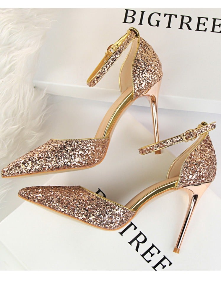 BIGTREE Women's Sequin Closed Pointed Toe 9.5 CM High Heels Ankle Strap Stiletto Pumps Champagne - Image 3