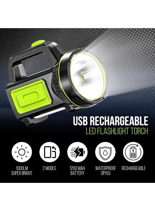YelaJoy Ultra-Bright LED Rechargeable Torch – 1000LM Handheld Flashlight 1200mAh, 2 Modes, Compact & Waterproof (IPX5) – Perfect for Camping, Outdoor Activities & Emergency Use - Image 2