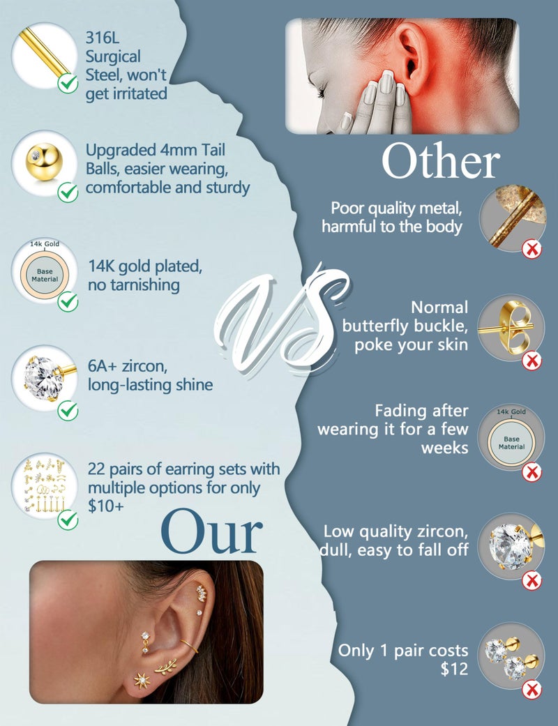 ORAZIO 16 Gauge Cartilage Earrings for Women-Hypoallergenic Surgical Stainless Steel Tragus Earring Threadless Flat Back Earrings Push in Nose Studs Rook Daith Conch Tragus Helix Piercing Jewelry G - Image 4