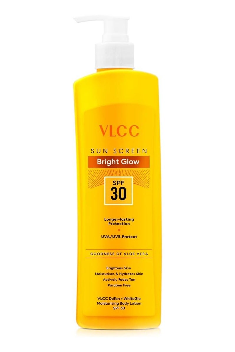 VLCC DeTan + White Glo Moisturising Body Lotion SPF 30 PA+++ 350ml |Brightens Skin, Fades Tan, Hydrates & Soothes |UVA & UVB Sun Protection |Aloe Vera, Shea Butter, Olive & Almond Oil | Paraben-Free - Image 1