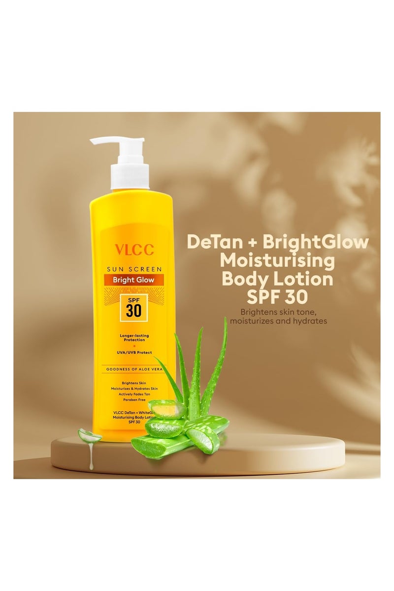 VLCC DeTan + White Glo Moisturising Body Lotion SPF 30 PA+++ 350ml |Brightens Skin, Fades Tan, Hydrates & Soothes |UVA & UVB Sun Protection |Aloe Vera, Shea Butter, Olive & Almond Oil | Paraben-Free - Image 2