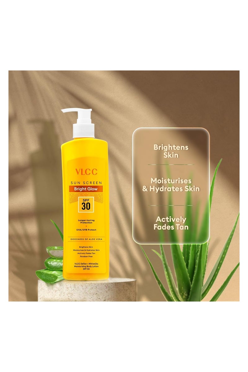 VLCC DeTan + White Glo Moisturising Body Lotion SPF 30 PA+++ 350ml |Brightens Skin, Fades Tan, Hydrates & Soothes |UVA & UVB Sun Protection |Aloe Vera, Shea Butter, Olive & Almond Oil | Paraben-Free - Image 3
