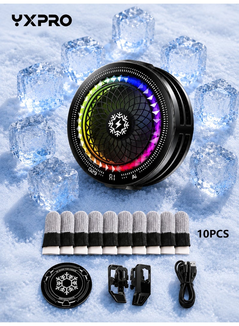 YXPRO Magnetic Phone Cooler 15W, AI Semiconductor Cell Phone Cooling Fan with RGB Light, 5 Cooling Modes, Real-Time Temperature Display, Magnetic & Clip-On Mobile Cooler for Gaming, PUBG, Live Streaming, Vlog, Includes 10 Gaming Finger Sleeves - Image 1