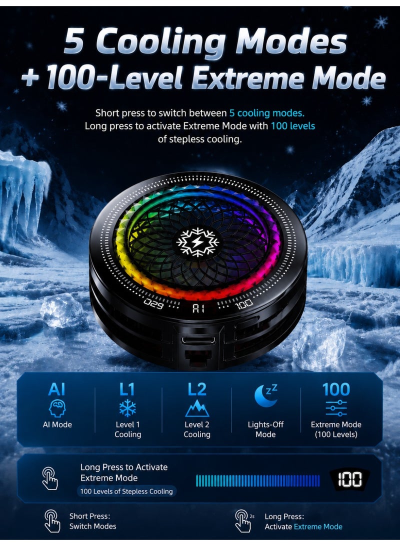 YXPRO Magnetic Phone Cooler 15W, AI Semiconductor Cell Phone Cooling Fan with RGB Light, 5 Cooling Modes, Real-Time Temperature Display, Magnetic & Clip-On Mobile Cooler for Gaming, PUBG, Live Streaming, Vlog, Includes 10 Gaming Finger Sleeves - Image 2