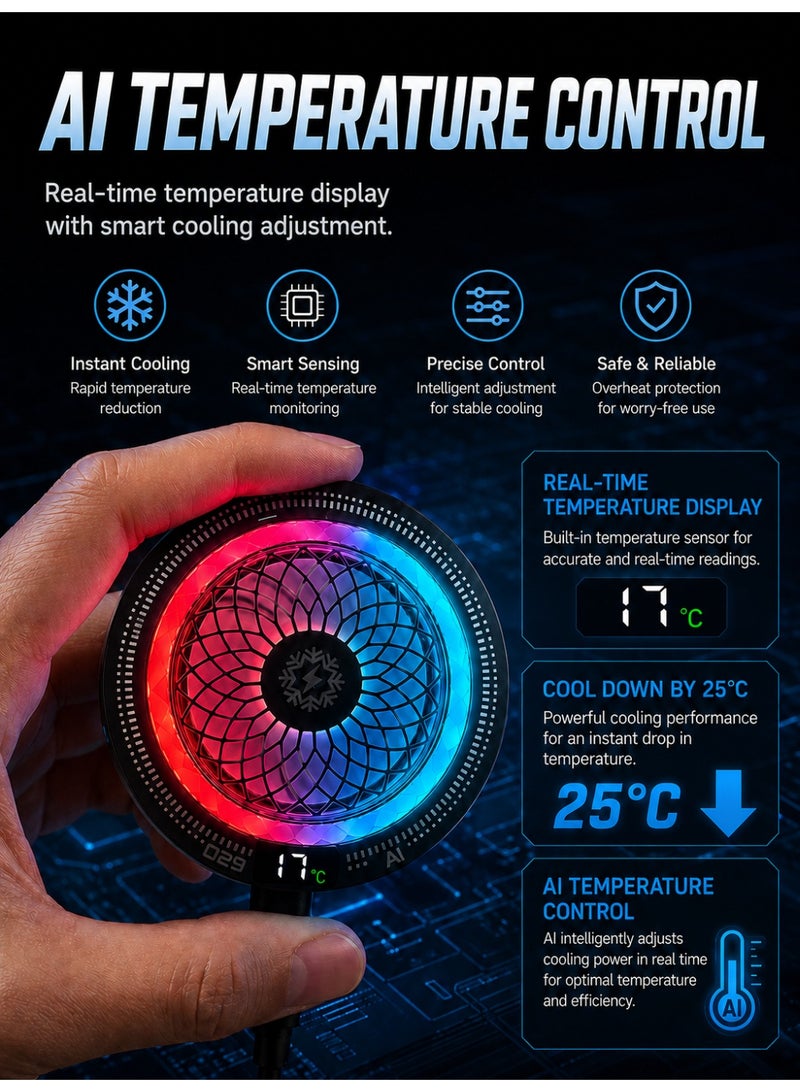 YXPRO Magnetic Phone Cooler 15W, AI Semiconductor Cell Phone Cooling Fan with RGB Light, 5 Cooling Modes, Real-Time Temperature Display, Magnetic & Clip-On Mobile Cooler for Gaming, PUBG, Live Streaming, Vlog, Includes 10 Gaming Finger Sleeves - Image 4