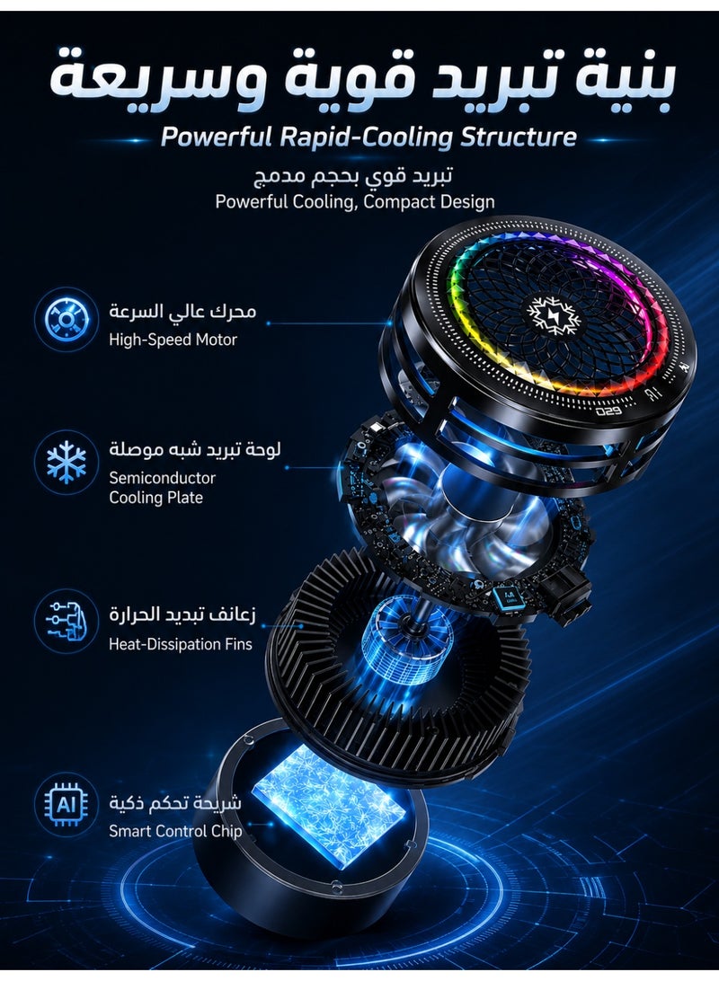 واي إكس برو مبرد هاتف بقوة 15 واط، مروحة تبريد جوال بتقنية أشباه الموصلات مع إضاءة RGB و5 أوضاع تبريد، مبرد جوال مغناطيسي مع شاشة عرض درجة الحرارة ومشبك تثبيت للألعاب وPUBG والبث المباشر، يشمل 10 أكمام أصابع للألعاب - Image 3